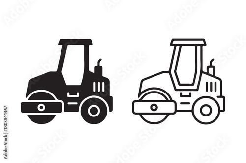 Road roller construction icon in silhouette and outline vector style
