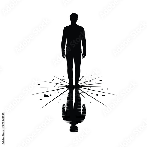 Broken reflection man silhouette standing over cracked surface symbolizing identity, self awareness, mental struggle and inner conflict concept illustration