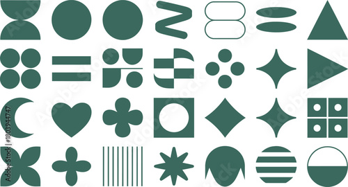 Collection of abstract geometric shapes and symbols in a dark green color palette
