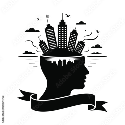 Human head silhouette with cityscape inside symbolizing urban mindset, modern life, imagination, creativity, and city thoughts concept