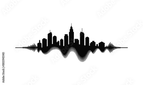City skyline blended with sound wave illustration symbolizing urban rhythm, music, vibration, modern city life and creative audio visualization.