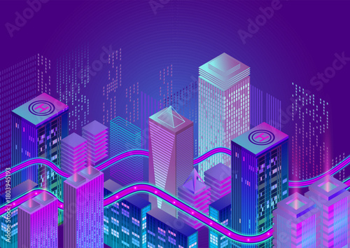 Futuristic smart city at night with neon highways, glowing skyscrapers, and digital infrastructure in vibrant purple and blue tones. Isometric illustration