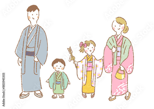 初詣に出かける着物姿の4人家族のイラスト