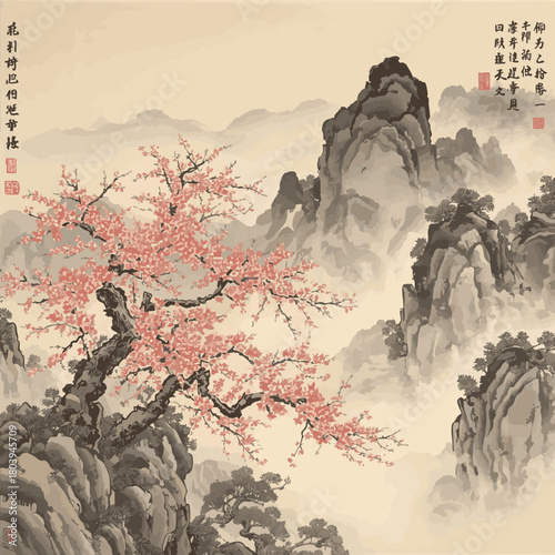 Oriental landscape with sakura trees in blossom and misty forest mountains. Traditional oriental ink painting sumi-e, u-sin, go-hua. Hieroglyphs - eternity, freedom, happiness