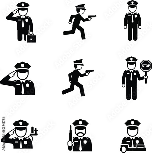 Collection of police officers vector icons showcasing law enforcement activities and poses
