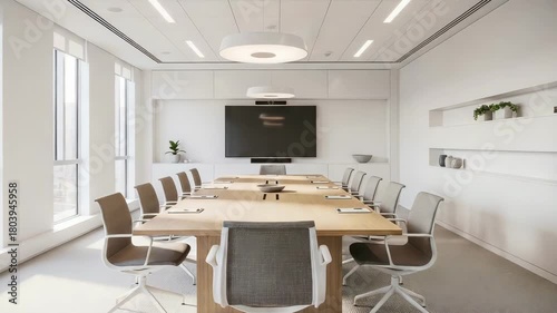A modern conference room with a large table and white interior design