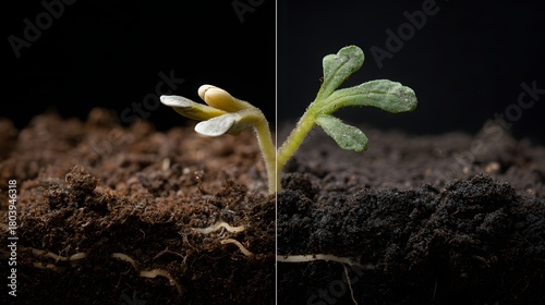 A newly emerged seedling from rich soil shows its early growth stages and visible roots, emphasizing plant development, agriculture, sustainability, and natural ecology for educational topics.