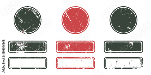 Green Ecologic Rubber Stamp Set – Round And Rectangle Grunge Frames With Vintage Texture And Empty Space In Retro Natural Style, Clean Vector Illustration Elements For Labels, Badges