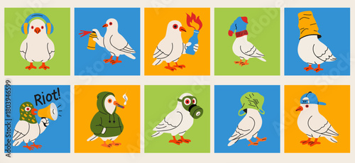 Cool Pigeons in Streetwear and Riot Gear with Bright Colors