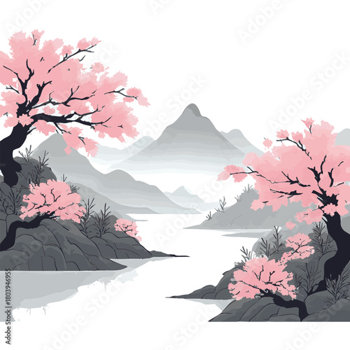 Oriental landscape with sakura trees in blossom and misty forest mountains. Traditional oriental ink painting sumi-e, u-sin, go-hua. Hieroglyphs - eternity, freedom, happiness