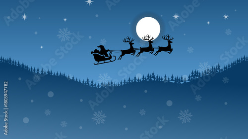 lSilhouette of Santa flying across the night sky with reindeer under a glowing full moon in a snowy winter landscape