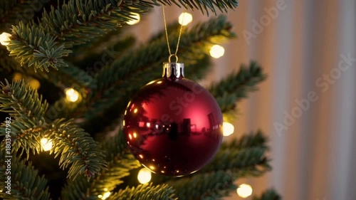Red Christmas ornament hanging on tree with warm lights glowing  