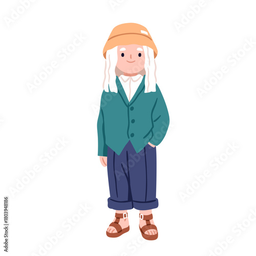 Kid with albinism. Albino girl with white skin, blond hair. Happy smiling cute child with rare syndrome, distinguishing unique body anomaly. Flat vector illustration isolated on white background