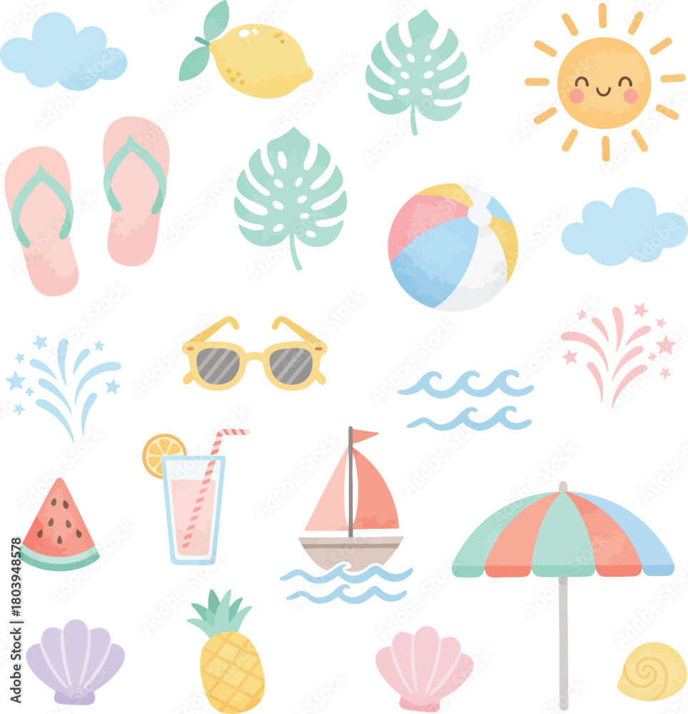 Naklejka premium Collection of Beach Summer Icons Featuring Sun Flip Flops Beach Balls Palm Trees and Tropical Drinks in a Flat Design 