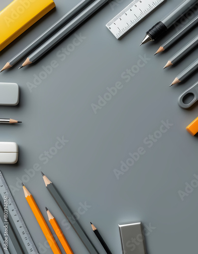 Stationery items are laid out on a creamy grey background. Top view. A ready to use background for design