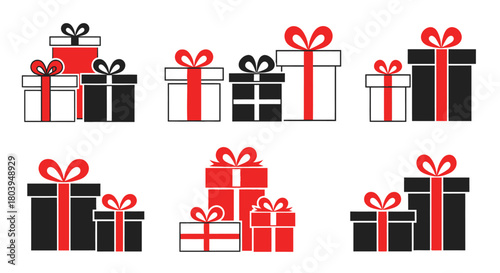 Gift Boxes Array: A collection of various gift boxes in different shapes and sizes, each adorned with a vibrant bow, creating a festive visual for any celebration or special occasion. 