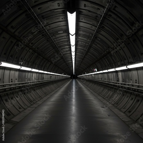A long, brightly lit underground tunnel stretches into the distance, with a clear path forward and strong artificial illumination guiding the way ,abstract ,depth ,underground