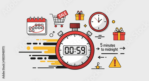 Urgency in the Marketplace: A dynamic illustration showing a stopwatch, shopping cart, gifts, and calendar, capturing the essence of time-sensitive offers and festive shopping seasons.