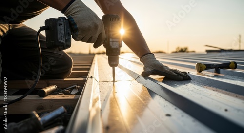 Roofer Installing Metal Sheet with Cordless Drill