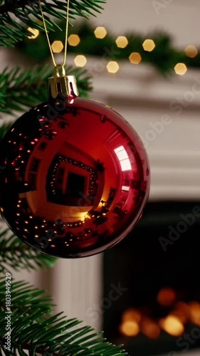Red Christmas ornament hanging on tree with blurred fireplace background  