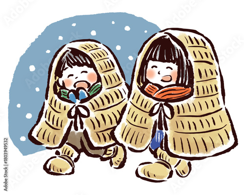 雪の中簑（みの）をかぶって歩く子どもたち