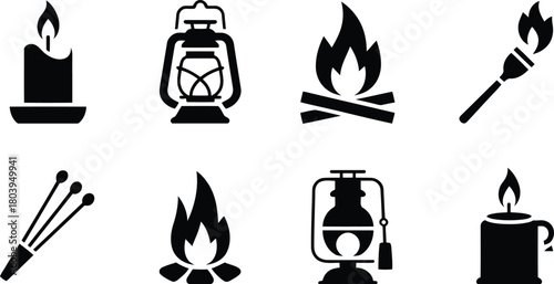 Vector Icons: Light, Fire, and Illumination Elements for Outdoor Activities