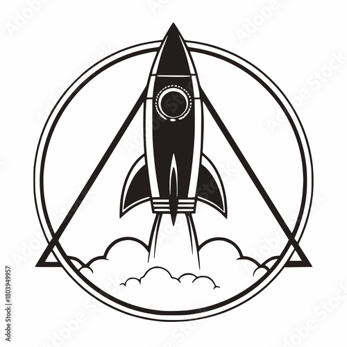 A sleek rocket ship launching upwards within a circular and triangular frame