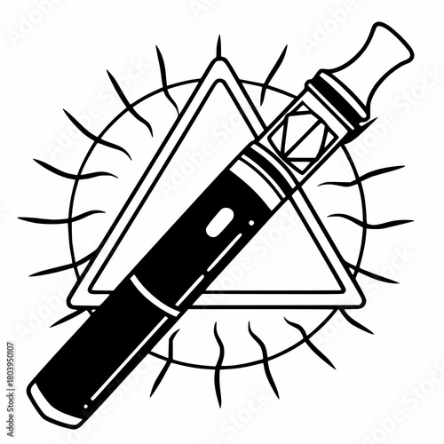 A black and white illustration featuring a vape pen within a triangle