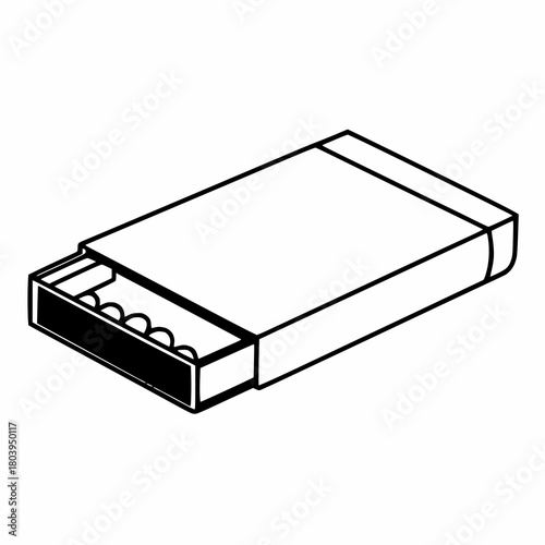 Simple black and white illustration of a matchbox with visible matches inside