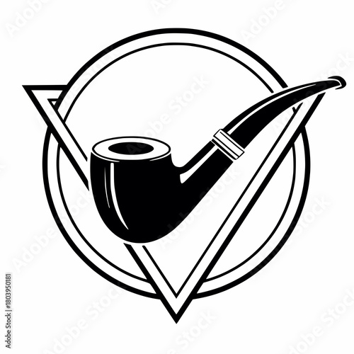 A stylized black and white illustration of a smoking pipe with geometric shapes