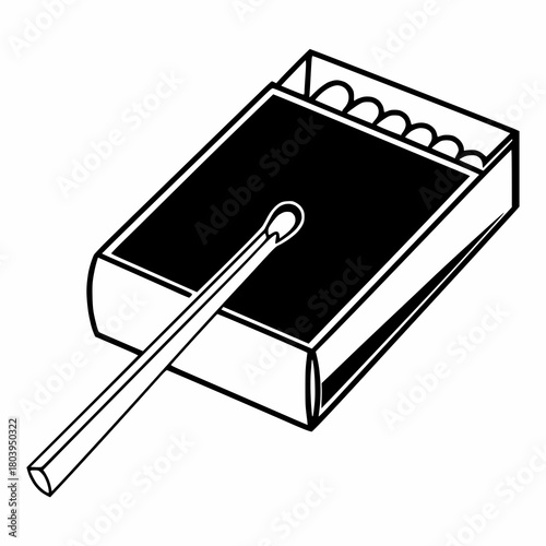 A simple black and white illustration of a matchbox with a match
