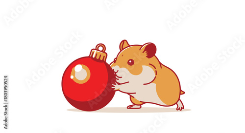 Cute hamster pushing a red Christmas ornament with gold top on a white background.
