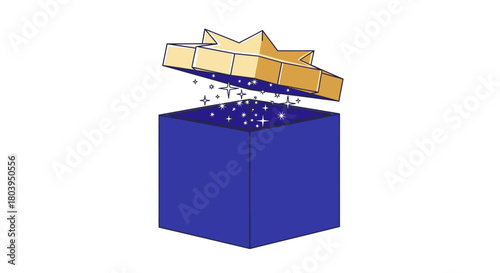 A blue gift box with a golden star-shaped lid, open with sparkles.