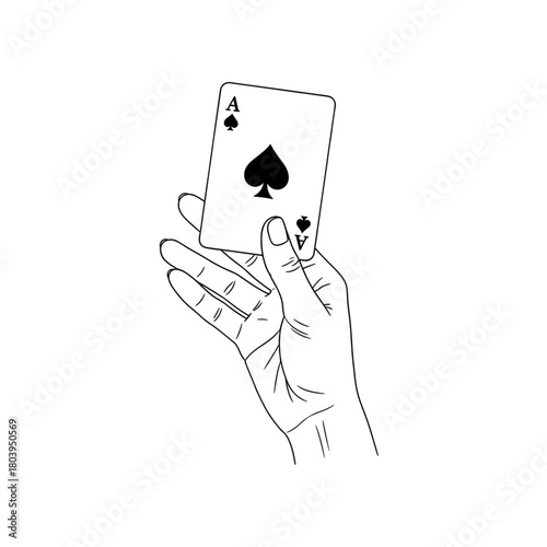 Minimalist black outline vector icon of a hand holding an ace of spades card, symbolizing luck, strategy, and gambling, isolated on a transparent background