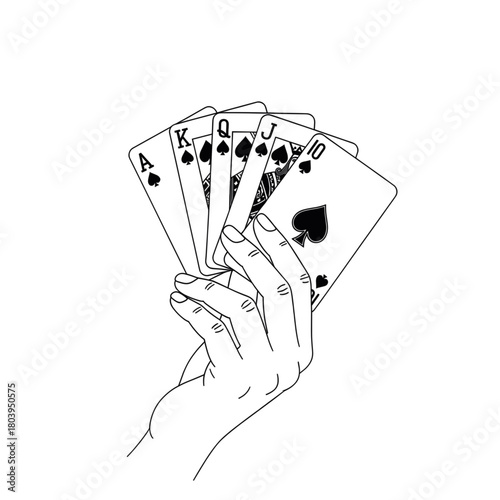 Minimalist black outline vector icon of a hand holding a royal flush in spades, symbolizing poker, winning, high stakes and strategic gambling, isolated on a transparent background
