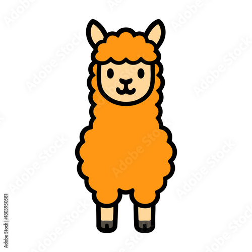 Cute cartoon orange alpaca with fluffy wool.