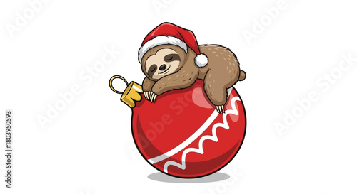 A cute cartoon sloth wearing a Santa hat sleeping peacefully on a large red Christmas ornament.