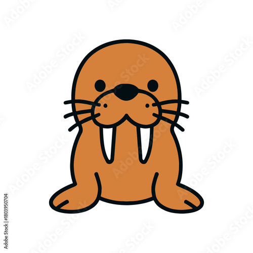 Cute cartoon walrus with tusks on white background.