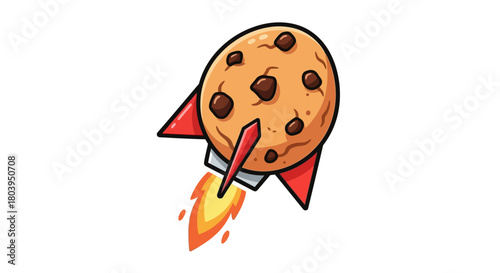 A cartoon illustration depicting a chocolate chip cookie designed as a rocket, complete with red fins and a fiery exhaust plume.