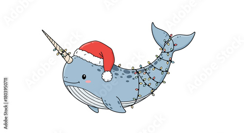 A cute cartoon narwhal wearing a Santa hat and wrapped in Christmas lights, isolated on a white background.