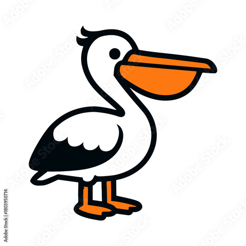 Stylized cartoon pelican with orange beak and feet.
