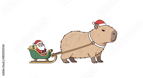 Santa Claus rides a sleigh pulled by a capybara wearing a Santa hat.