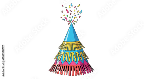 Colorful party hat with confetti exploding from the top.