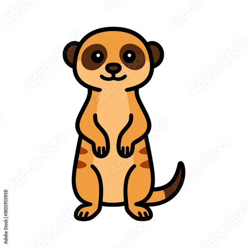 Cute cartoon meerkat standing upright with striped tail and big eyes.