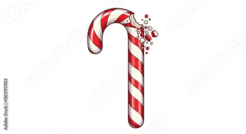 A detailed illustration of a red and white striped candy cane with a bite taken out of it.