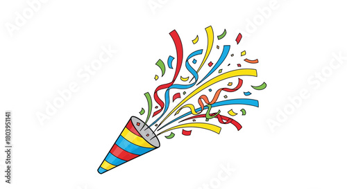 A colorful party popper exploding with streamers and confetti against a white background.