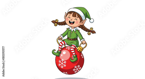 A cheerful cartoon elf with a green outfit and hat bouncing on a red Christmas ornament.