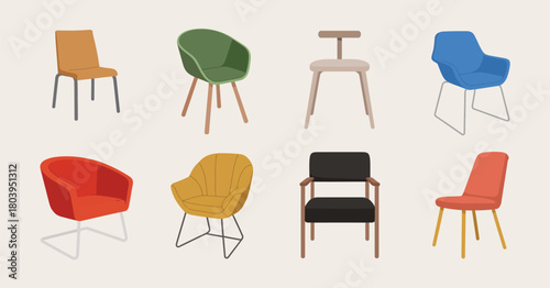 Chair Vector Design Set – Mid-Century Furniture Collection Featuring Stylish Seating Shapes In Clean Contemporary Illustration Style For Interior Decor, Home Design Concepts, And Creative Layout Proje