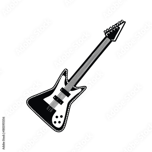 Black and white electric guitar vector illustration, graphic vintage retro style