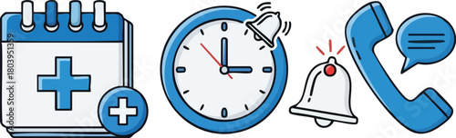 Flat lay illustration of a calendar, clock, alarm bell, and phone with speech bubble on a clean white background, conveying a sense of organization and communication related to aids.